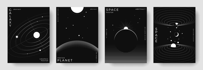 Set of abstract space astronomy backgrounds. Line art galaxy, solar system, planet, black hole. Science future concept. Cosmic minimalist design for cover, poster, layout, banner, flyer, brochure