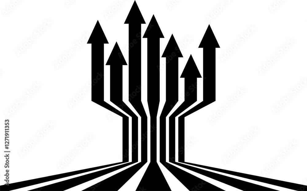 Wall mural abstract perspective line stripes arrow in black with 3d dimensional effect isolated on white.