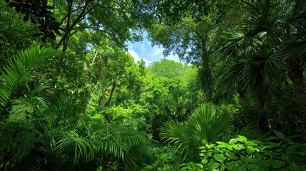 Obraz premium Lush Green Tropical Forest Canopy with Sunlight and Blue Sky