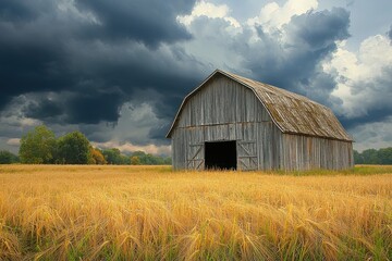 Obraz premium A weathered barn stands amidst a golden wheat field under a dramatic stormy sky, creating a rustic and picturesque scene of rural America, nature's beauty.
