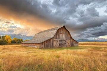 Obraz premium Grand Teton barn with the dramatic sunset, the rustic beauty and tranquility of rural landscape, providing a scenic view of the nature's beauty.