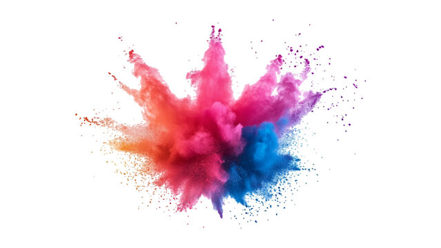Abstract colorful holi paint powder festival explosion burst on transparent background. Explosive burst of multicolored powder spreading in all directions on a white background, 