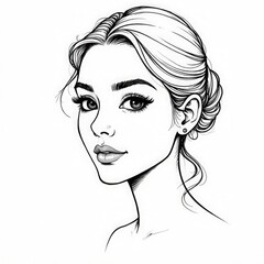 Black and white drawing of a young beautiful girl. Coloring, tattoo, minimalism, business card, website, salon, poster, brochure, postcard, magazine, book
