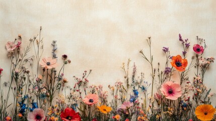 Assorted colorful wildflowers are arranged in a floral border