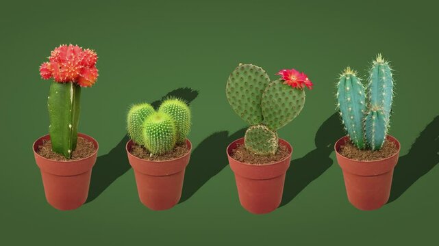 A collection of different types of cacti. Echinocactus grusonii or golden barrel cactus, gymnocalycium mihanovichii or moon cactus, opuntia microdasys or bunny ears cactus, parodia leninghausii