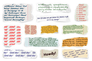 Naklejka premium Ripped paper strips with handwritten text. Realistic crumpled paper scraps with torn edges. Shreds of notebook, book or old newspaper pages. Trendy collage elements. Vector illustration