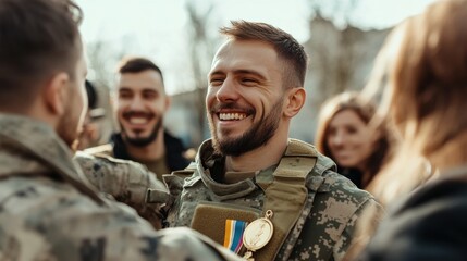 Fototapeta premium A man in a military uniform is smiling and hugging another man