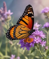 Fototapeta premium Colorful monarch butterfly resting on delicate purple wildflower, purple wildflower, nature