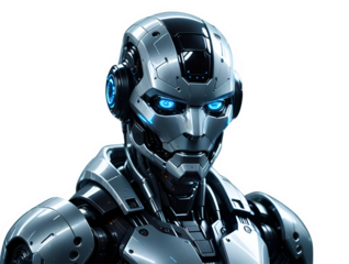 blue screen robot cyborg, Anthropomorphic blue eye angry robot, Humainiod ai robot head isolated on transparent background
