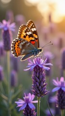 Butterfly resting on lavender flower at sunset in blooming garden