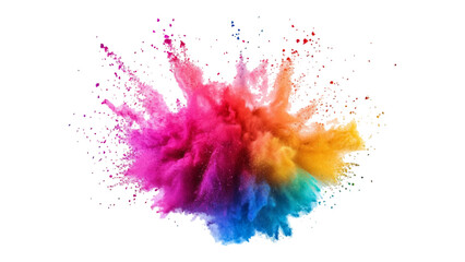 Colorful mixed rainbow powder explosion isolated on white background. Rainbow paint splash multicolor powder explosion on white background.	