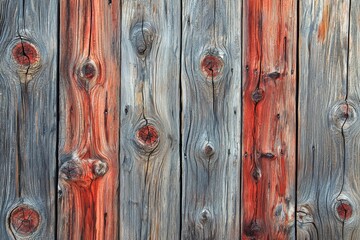 Detailed close-up of a rustic wooden plank fence with aged gray and red painted surface, showing textures, weathered knots and grain pattern for background use.