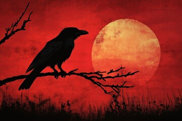 Silhouette of a raven perched on a branch against sunset