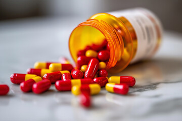 A prescription pill bottle tipped over, spilling red and yellow capsules onto a marble countertop, high detail shot.