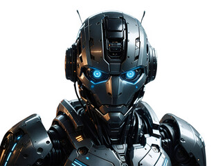 blue screen robot cyborg, Anthropomorphic blue eye black robot, Black Humainiod ai angry robot head isolated on transparent background
