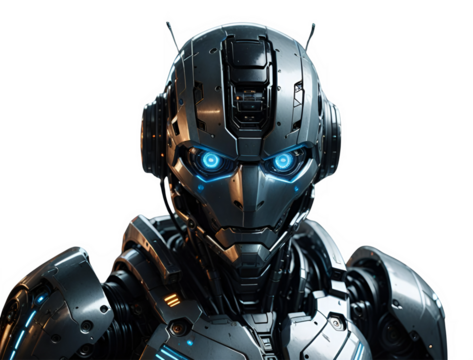 blue screen robot cyborg, Anthropomorphic blue eye black robot, Black Humainiod ai angry robot head isolated on transparent background