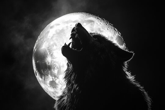 Howling werewolf silhouette night sky black and white art mysterious dramatic