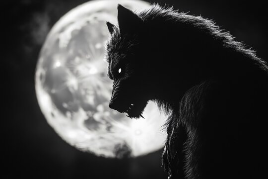 Angry werewolf silhouette by full moon dark forest art nighttime dramatic