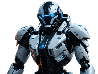 Anthropomorphic angry blue eye robot, ai robot isolated on transparent background