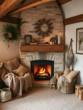 Cozy loft space featuring a charming fireplace corner, decorated with plush throws, soft lighting, and rustic decor elements, home decor, fireplace