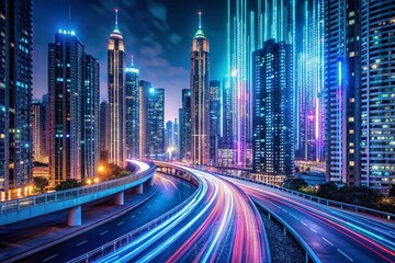 Fototapeta premium Futuristic Highway: Binary Skyscrapers & Automated Data Flow at Night