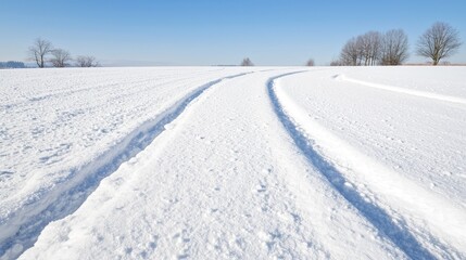 Obraz premium Snowy field with tire tracks. Vast winter landscape. Possible use Nature photography