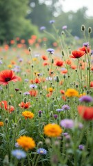 Obraz premium Vibrant wildflower meadow with poppies and daisies in bloom