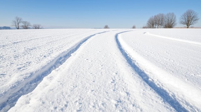 Snowy field with tire tracks.  Vast winter landscape. Possible use Nature photography