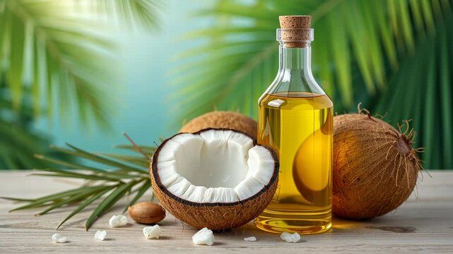  Fresh coconut oil in a glass bottle surrounded by coconuts on a tropical background ideal for health and wellness