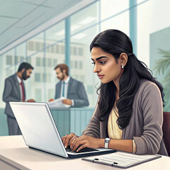 Focused Indian College Student Researching and Studying at a Public Library Using a Laptop