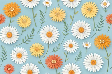 Bright paper flowers with vibrant colors on a pastel blue background in a playful design