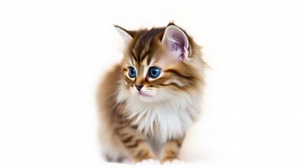 Obraz premium Adorable Fluffy Kitten with Striking Blue Eyes on White Background