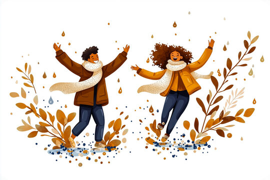 A whimsical cartoon-style illustration of a joyful couple splashing in puddles, dressed in warm autumn clothes, surrounded by raindrops and golden leaves, evoking happiness and fun