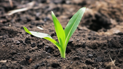 Growing green a young plant emerging from soil outdoor environment close-up viewpoint sustainability concept