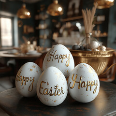 Kolekcja pomalowanych jajek wielkanocnych złotą farbą, napis Happy Easter © Silent26