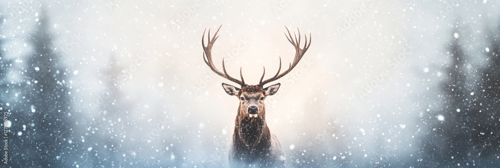 Poster proud red deer with large antlers standing majestically in a snowy forest, surrounded by falling sno