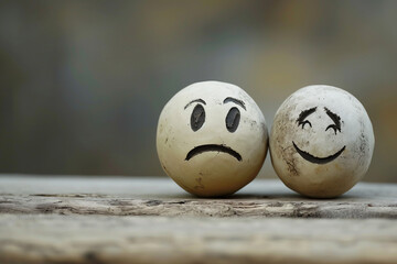 Emotional Spectrum: Two hand-painted spheres, one displaying a mournful frown, the other radiating joy, rest on a rustic surface, representing the broad spectrum of human emotions.