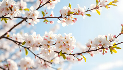 Fototapeta premium Spring day. Spring nature. Branches of blossoming cherry with soft focus on light blue sky background in sunlight. Beautiful floral image of spring nature. White flowers the fruit tree, 8k unreal en