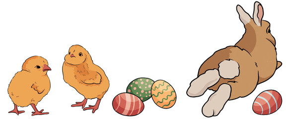 Easter eggs and  cute yellow chicken chick and a easter bunny rabbit on a white background. illustration. summer, greenery, easter, spring. template for Easter advertising © asya_karton_art