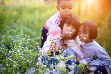 Kids exploring in forest with a magnifying glass