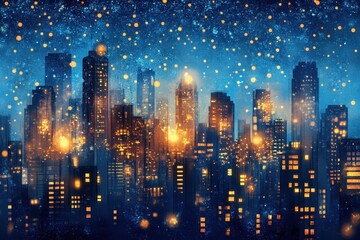 Fototapeta premium Cityscape illuminates with warm glow beneath a starry night