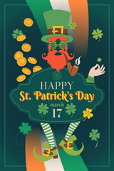 St. Patrick's Day party banner, flyer, or invitation card design. Irish Patrick Day with a leprechaun in green hat, clover, Irish flag, coins, and lettering Happy St Patrick day. Vector illustration.