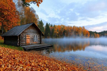 Obraz premium Scenic autumn landscape featuring a rustic log cabin nestled by a serene lake with vibrant foliage, creating a peaceful and idyllic natural escape in fall.