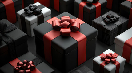 A captivating arrangement of elegant black and white gift boxes adorned with luxurious red ribbons and bows, creating a sophisticated holiday atmosphere