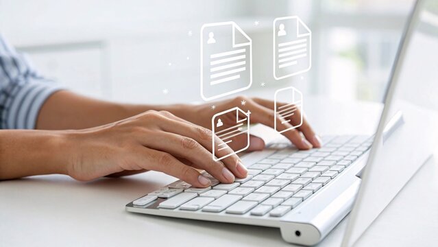 Efficient Hand Typing on Keyboard with Document Icon Overlaid Emphasizing Business Technology Integration