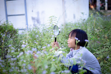 Kids exploring in forest with a magnifying glass