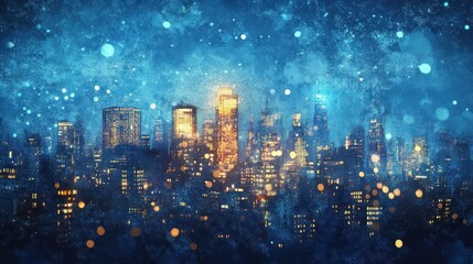 Fototapeta premium Cityscape painting depicts illuminated buildings against a dark blue night