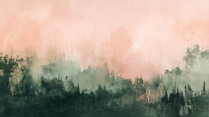 Impressionistic painting of a forest at dawn with misty atmosphere