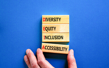 DEIA symbol. Concept words DEIA diversity equity inclusion accessibility on blocks. Beautiful blue...