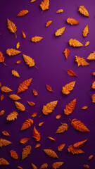 dry orange metallic leaves on violet background,  orange and purple hues,  floral patterns,  vibrant colors,  metallic ornamentation